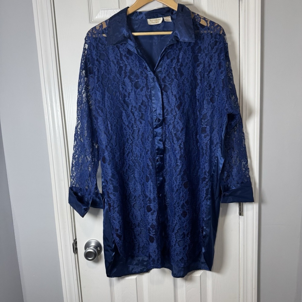 Vintage Victoria's Secret Gold Label Womens Med/lg Navy Blue Sheer Lace Lingerie